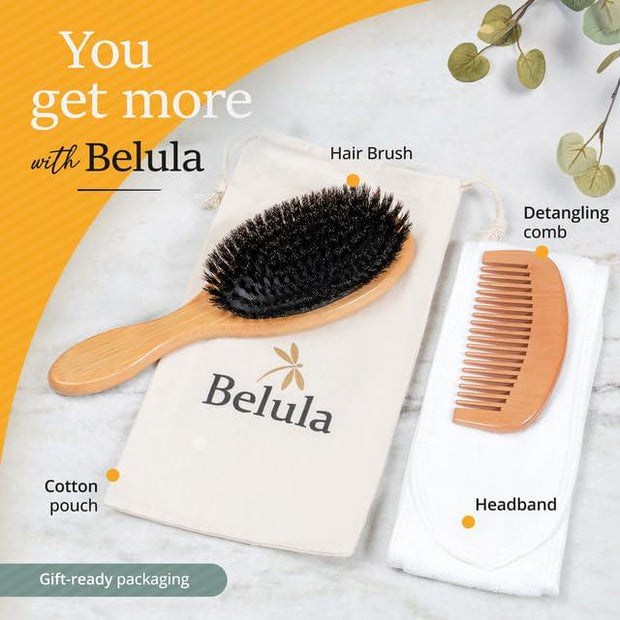 "Belula 100% Boar Bristle Hairbrush Set - Restore Shine And Texture, Ideal for Thin and Fine Hair. Complete with Wooden Comb, Travel Bag, and Spa Headband!"