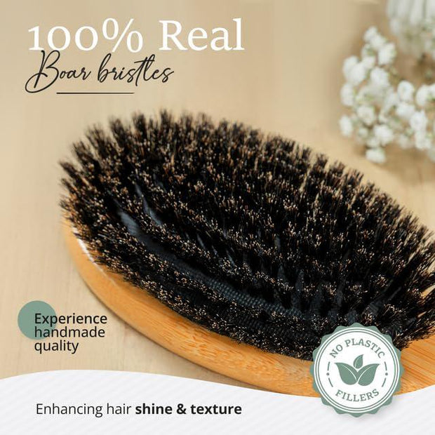 "Belula 100% Boar Bristle Hairbrush Set - Restore Shine And Texture, Ideal for Thin and Fine Hair. Complete with Wooden Comb, Travel Bag, and Spa Headband!"