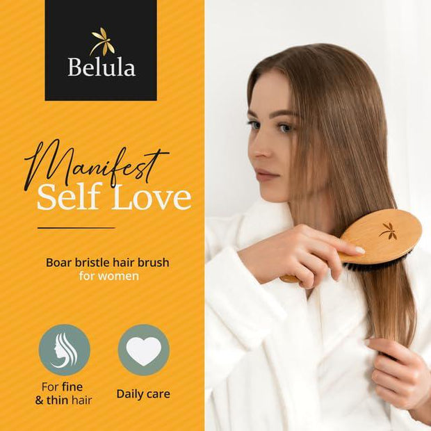 "Belula 100% Boar Bristle Hairbrush Set - Restore Shine And Texture, Ideal for Thin and Fine Hair. Complete with Wooden Comb, Travel Bag, and Spa Headband!"