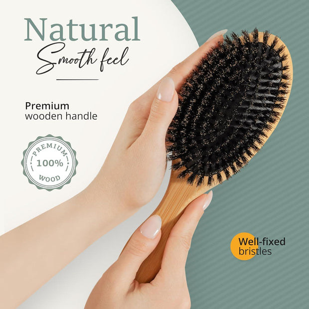 "Belula 100% Boar Bristle Hairbrush Set - Restore Shine And Texture, Ideal for Thin and Fine Hair. Complete with Wooden Comb, Travel Bag, and Spa Headband!"