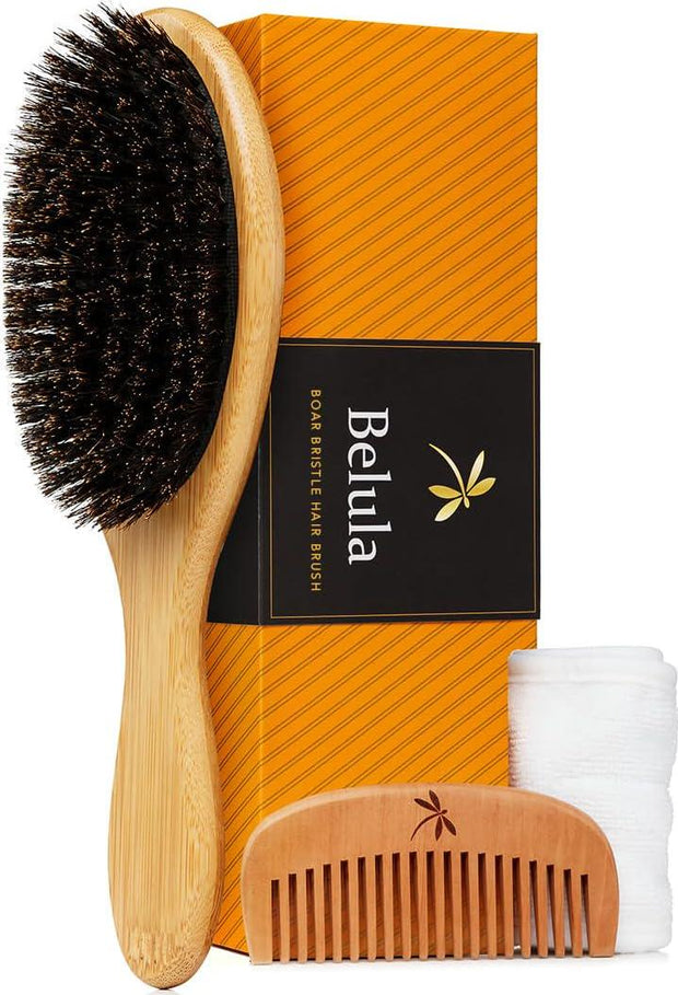 "Belula 100% Boar Bristle Hairbrush Set - Restore Shine And Texture, Ideal for Thin and Fine Hair. Complete with Wooden Comb, Travel Bag, and Spa Headband!"