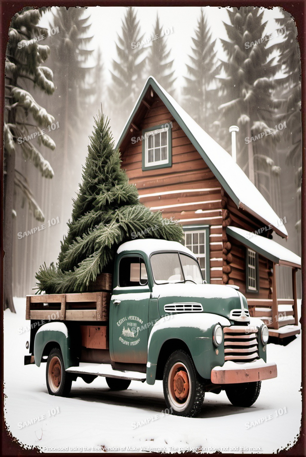 GREEN PICKUP TRUCK Vintage Rustic Look Christmas Tree Home Wall Décor Bar Wall Tin Metal Sign