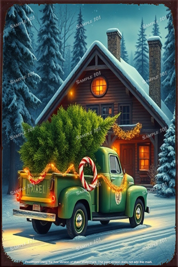 GREEN TRUCK Vintage Rustic Look Christmas Tree Home Wall Décor Bar Wall Tin Metal Signs