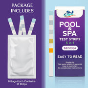 5 in 1 Pool and Spa Hot Tub Test Strips - Complete Water Testing Kit for Clean and Safe Swimming Environments | pH, Chlorine, Hardness, Alkalinity | 60 Strips in 6 Sealable Bags