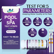 5 in 1 Pool and Spa Hot Tub Test Strips - Complete Water Testing Kit for Clean and Safe Swimming Environments | pH, Chlorine, Hardness, Alkalinity | 60 Strips in 6 Sealable Bags