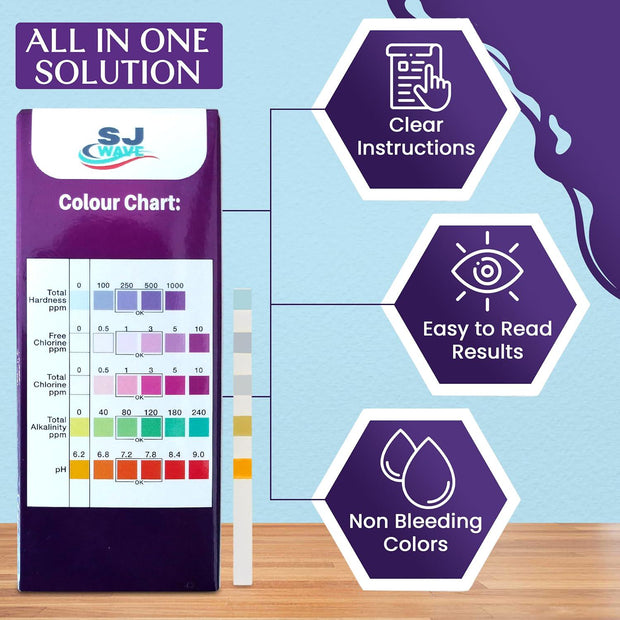 5 in 1 Pool and Spa Hot Tub Test Strips - Complete Water Testing Kit for Clean and Safe Swimming Environments | pH, Chlorine, Hardness, Alkalinity | 60 Strips in 6 Sealable Bags