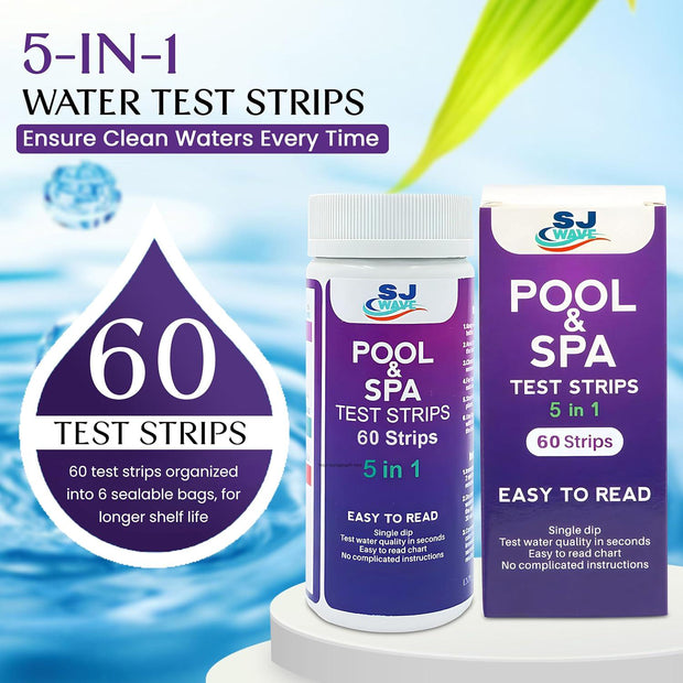 5 in 1 Pool and Spa Hot Tub Test Strips - Complete Water Testing Kit for Clean and Safe Swimming Environments | pH, Chlorine, Hardness, Alkalinity | 60 Strips in 6 Sealable Bags