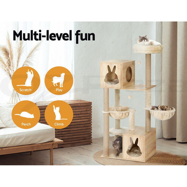 i.Pet Cat Tree Tower Scratching Post Scratcher 141cm Wood Bed Condo House Ladder