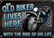 AN OLD BIKER LIVES HERE 2 Rustic Retro/Vintage  Home Garage Wall Cafe Resto or Bar Tin Metal Sign