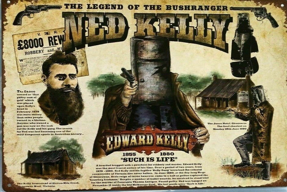 Rustic Ned Kelly Wanted reward Poster new tin metal sign MAN CAVE Tin Sign Factory Australia