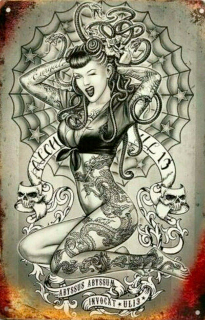 Tattoo Pin-up Lady tin metal sign MAN CAVE brand new