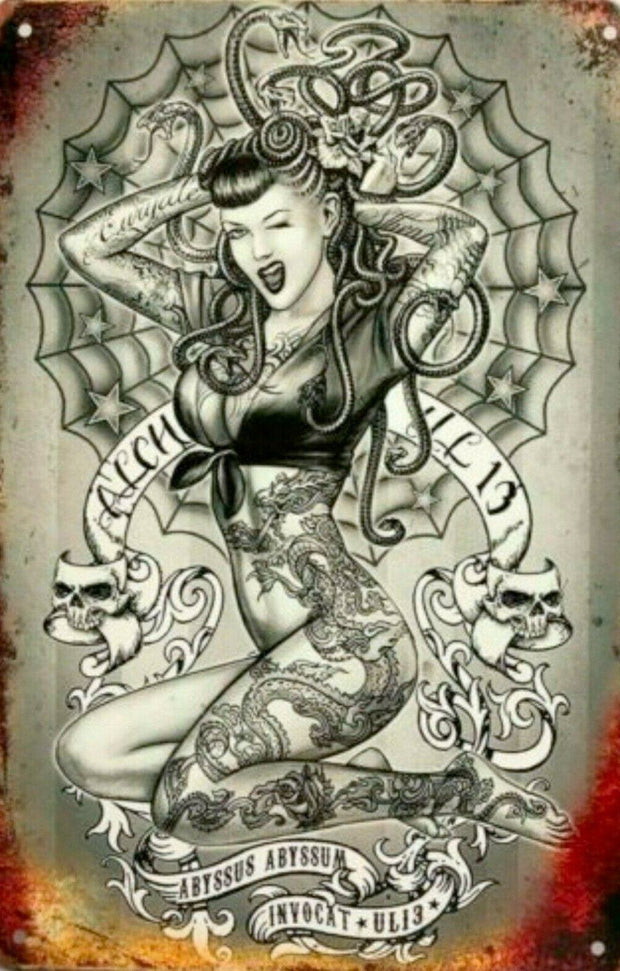 Tattoo Pin-up Lady tin metal sign MAN CAVE brand new
