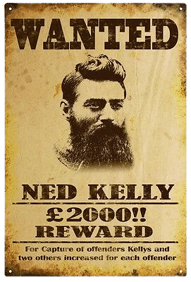 WANTED NED KELLY AU$2000 REWARD Wall Tin Sign Metal Plaque Iron Painting Antique Gift Bar Friend Home Decor